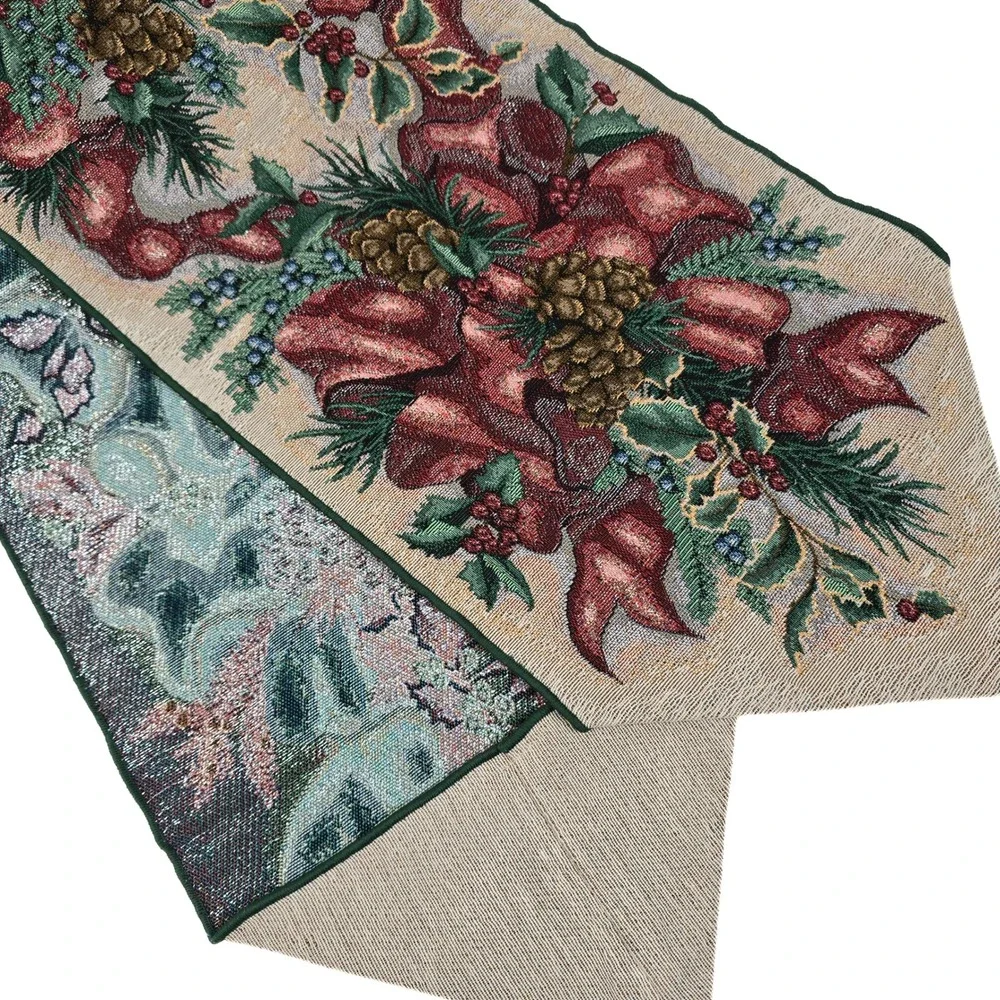 Christmas Woven Tapestry Table Runner Poinsettia Pinecone Tassel Green Red 70in